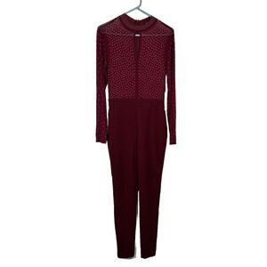 Iris Burgundy Illusion Mesh‎ Silver Studs Bodycon Sz M Hi Neck Jumpsuit NWT